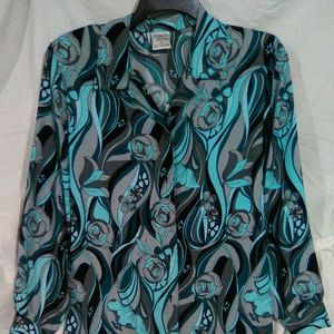 Teal rose design button up blouse